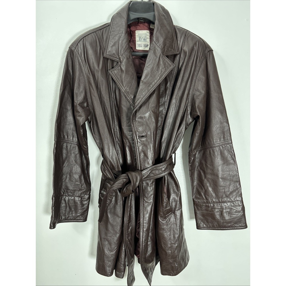 TOGETHER Vtg 70s Leather Spy Jacket Coat Women L brown belted 3904